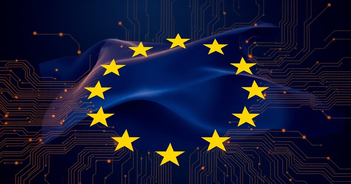 Étoiles du drapeau européen mêlées à des circuits électroniques évoquant la régulation de l'IA