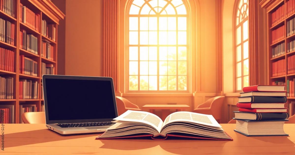 Ordinateur portable et livres ouverts dans une bibliothèque universitaire baignée de lumière chaude