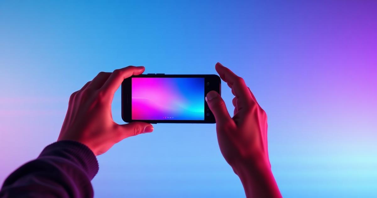 Jeune créateur filmant en vertical avec un smartphone, lumière néon coral et bleue